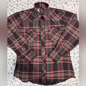 Vintage Wrangler Men’s Black Plaid Western Rodeo L/S Black “Pearl” Snaps  L